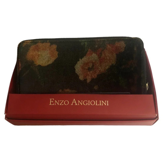 Enzo ANGIOLINI Women's Fabric Floral Flowers Black & Red Zip Around Wallet NIB - Picture 1 of 7